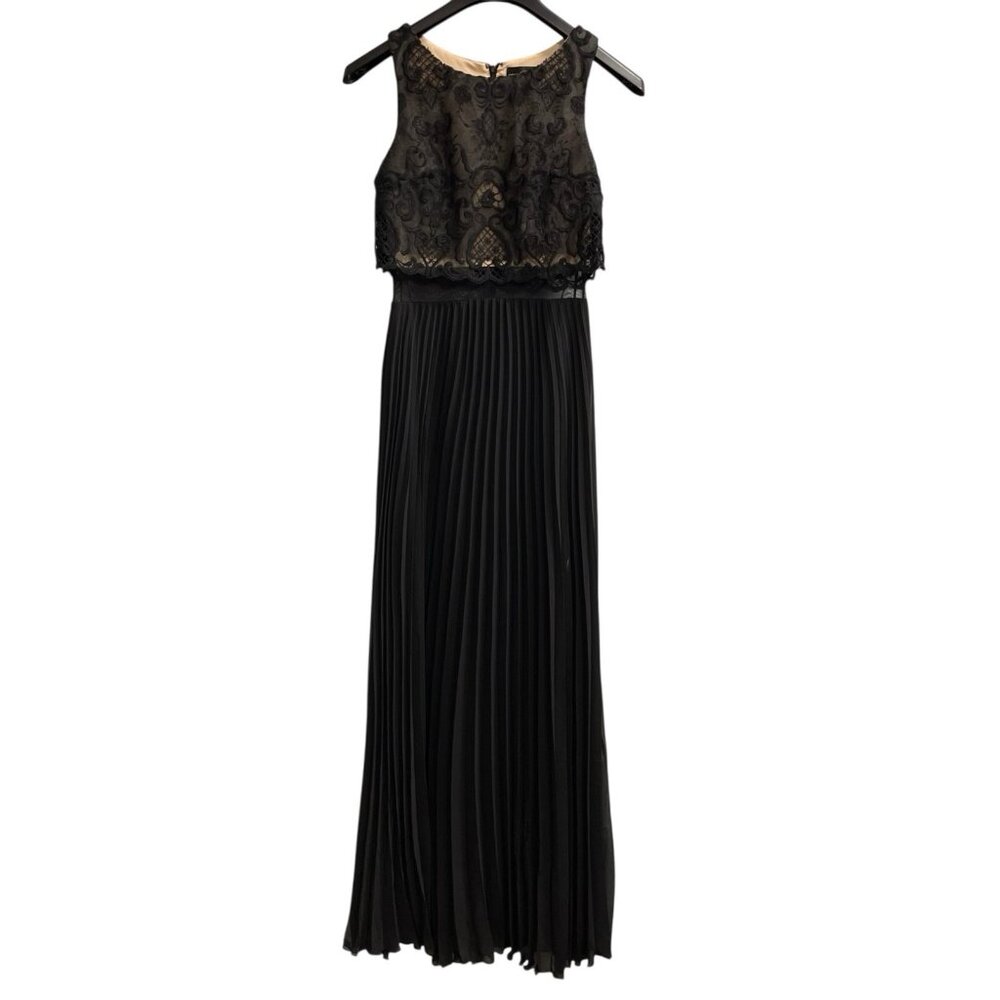 Vintage Betsy Adam Dress Size 6 Black Lace Overlay Accordion Pleated Maxi Gown